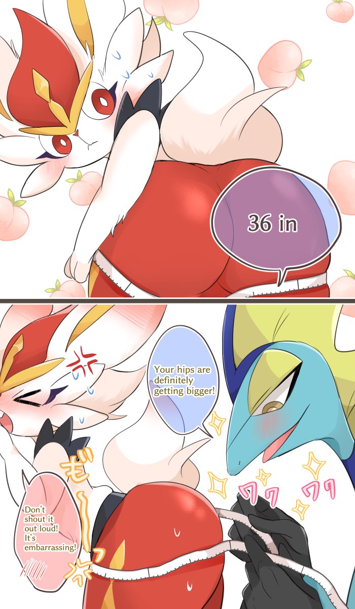 1boy 1girl ajiwo angry ass bad_tag blush cinderace embarrassed english_text female female_cinderace gen_8_pokemon helmet highres huge_ass inteleon male measuring_ass nintendo peach_(fruit) plump_ass pokemon pokemon_(creature) rabbit speech_bubble sweat tape_measure wide_hips