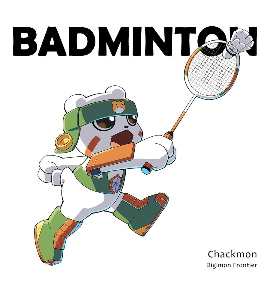 chackmon digimon digimon_(creature) english_text playing_sports simple_background white_background