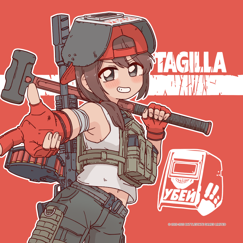 1girl backwards_hat baseball_cap belt blush bocchi-ya-nawi brown_hair bulletproof_vest cargo_pants character_name copyright_notice drum_magazine escape_from_tarkov fingerless_gloves game_cg genderswap genderswap_(mtf) gloves grey_eyes grin gun hammer hat holding looking_at_viewer magazine_(weapon) midriff_peek navel no_nose non-web_source official_art outline outstretched_arm pants pouch red_background red_gloves red_hat russian_text saiga-12 short_hair shotgun shotgun_shell simple_background sledgehammer smile solo tagilla_(escape_from_tarkov) tank_top weapon weapon_across_shoulders weapon_on_back welding_mask white_outline white_tank_top