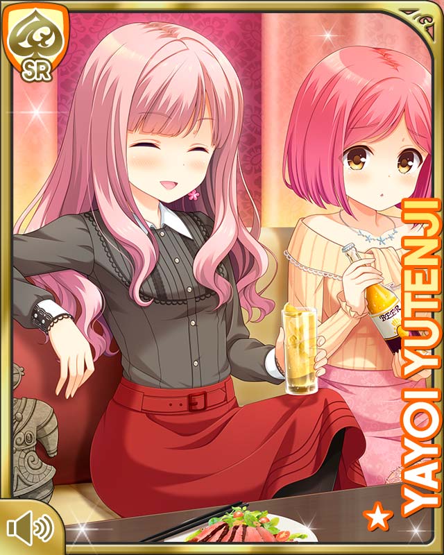 2girls :d :o alcohol beer breasts card_(medium) chair character_name dress closed_eyes girlfriend_(kari) indoors jewelry looking_at_viewer medium_breasts medium_hair multiple_girls necklace night office official_art open_mouth pink_hair purple_eyes qp:flapper red_dress shirt sitting smile table tachibana_kyouko_(girlfriend_(kari)) tagme teacher yutenji_yayoi