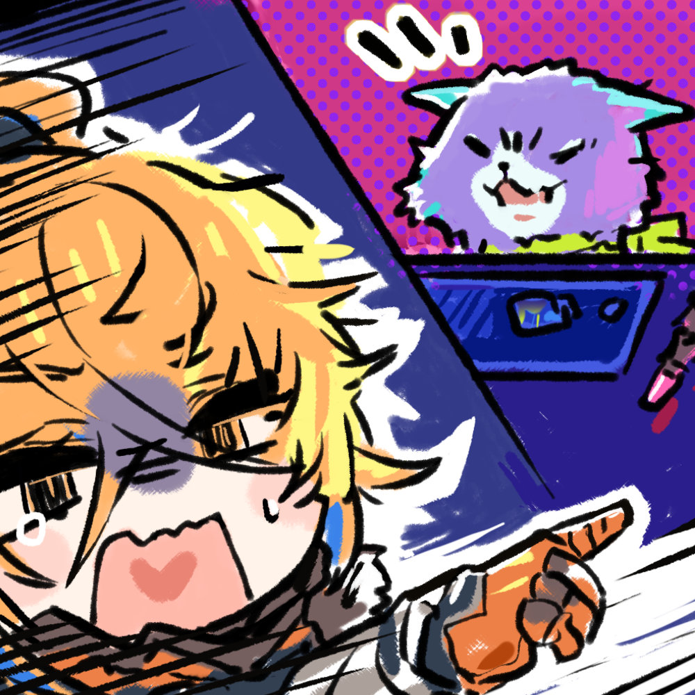 1girl blonde_hair chibi chibi_only chinese_commentary cui_pi_zha_xia_qiu dog emphasis_lines girls&#039;_frontline girls&#039;_frontline_neural_cloud meme official_art open_mouth pointing puzzle_(neural_cloud) second-party_source sol_(neural_cloud) sweatdrop woman_yelling_at_cat_(meme)
