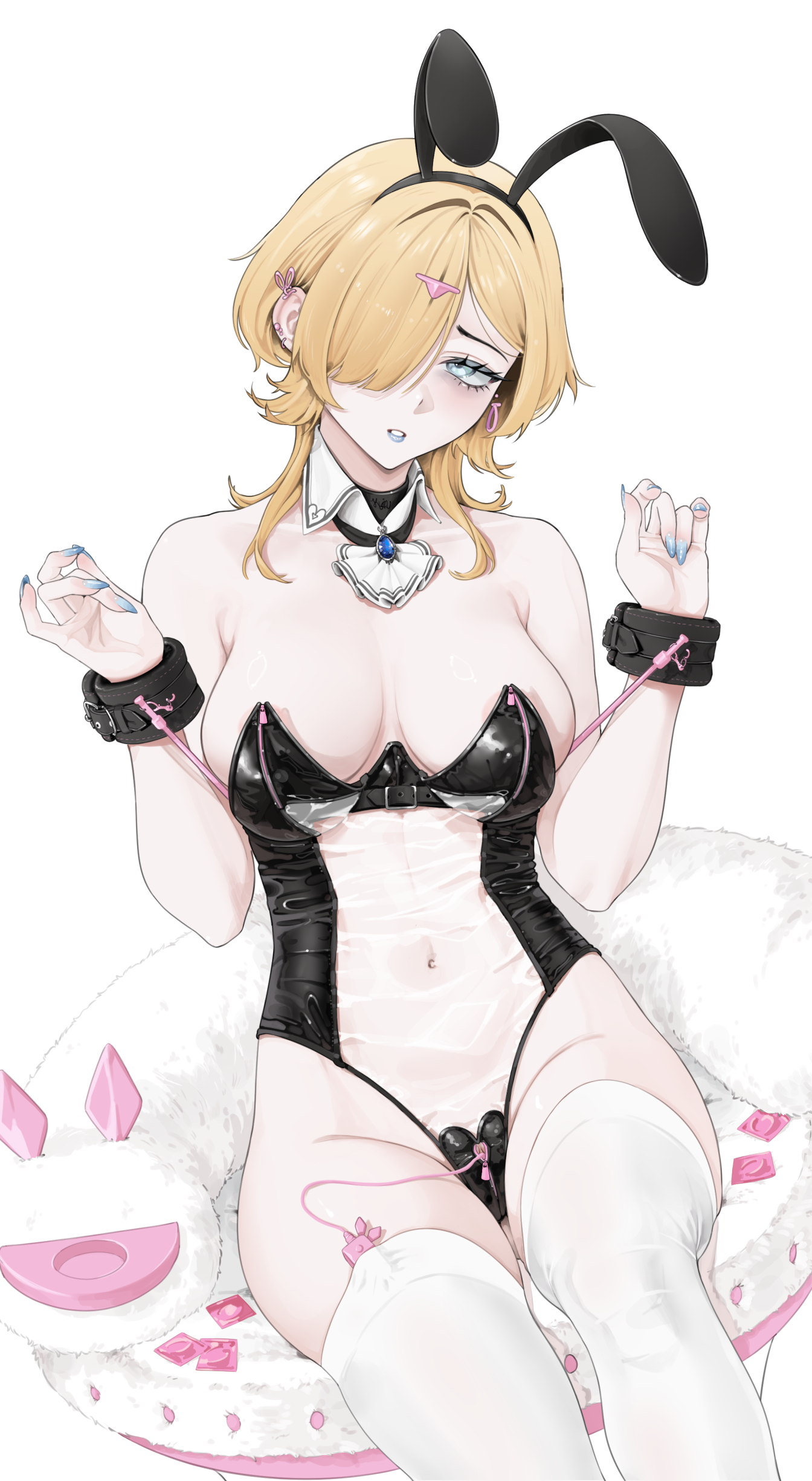 1girl absurdres animal_ears armpit_crease black_leotard black_wrist_cuffs blonde_hair blue_lips blue_nails breasts condom condom_wrapper detached_collar ear_piercing earrings fake_animal_ears feet_out_of_frame fingernails furrowed_brow hair_ornament hair_over_one_eye half-closed_eyes hands_up highres jewelry ku_(kuchurage) large_breasts leotard medium_hair meme_attire navel open_mouth original piercing playboy_bunny rabbit_ears see-through_clothes sex_toy simple_background sitting skin_tight sleeveless solo strapless strapless_leotard thighhighs translucent_bunnysuit vibrator vibrator_cord vibrator_under_clothes white_background white_thighhighs wrist_cuffs