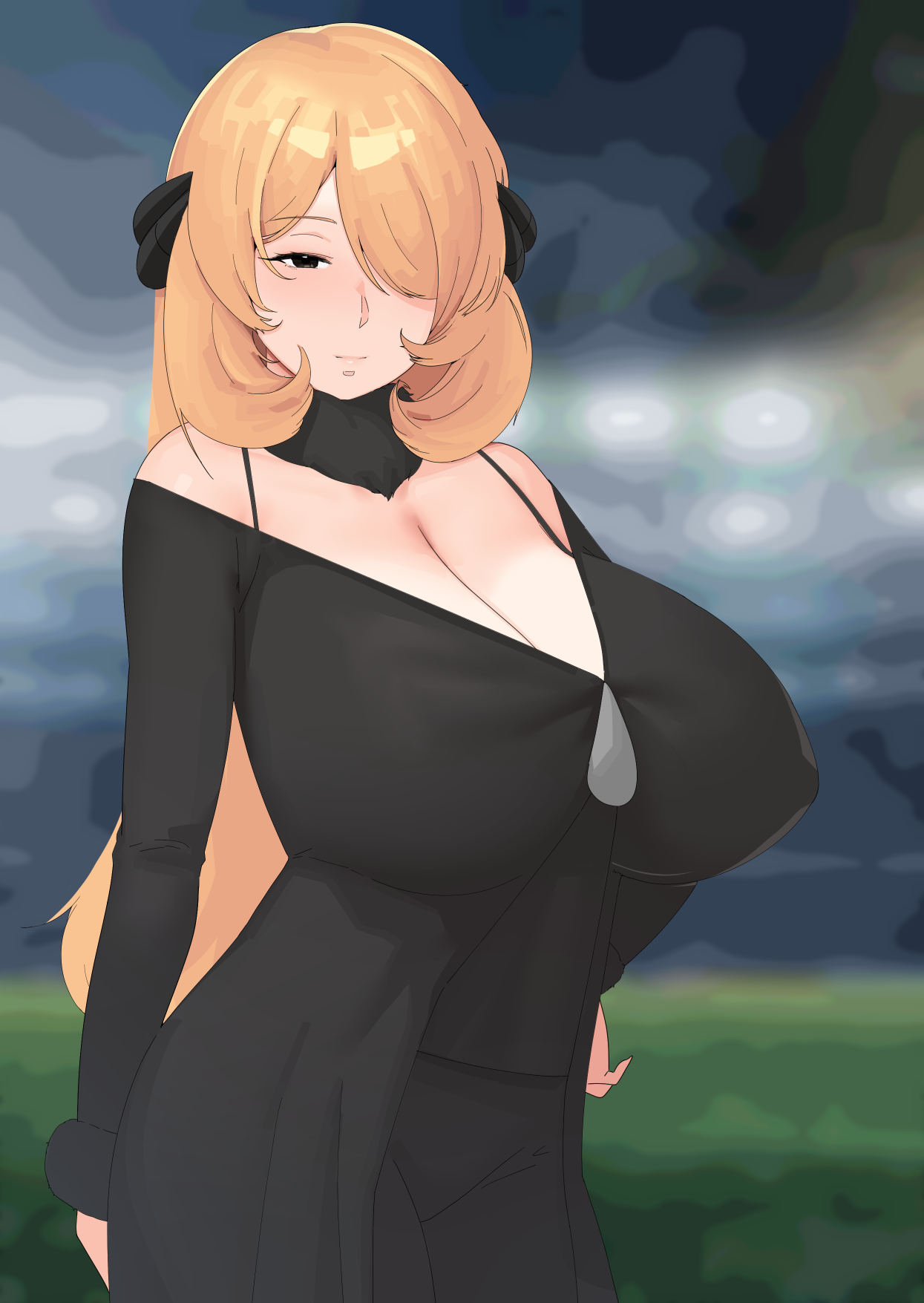 1girl bare_shoulders black_dress blonde_hair breasts cleavage covered_erect_nipples cynthia_(pokemon) dress hair_over_one_eye highres huge_breasts mature_female moebell nintendo off_shoulder pokemon pokemon_dppt solo