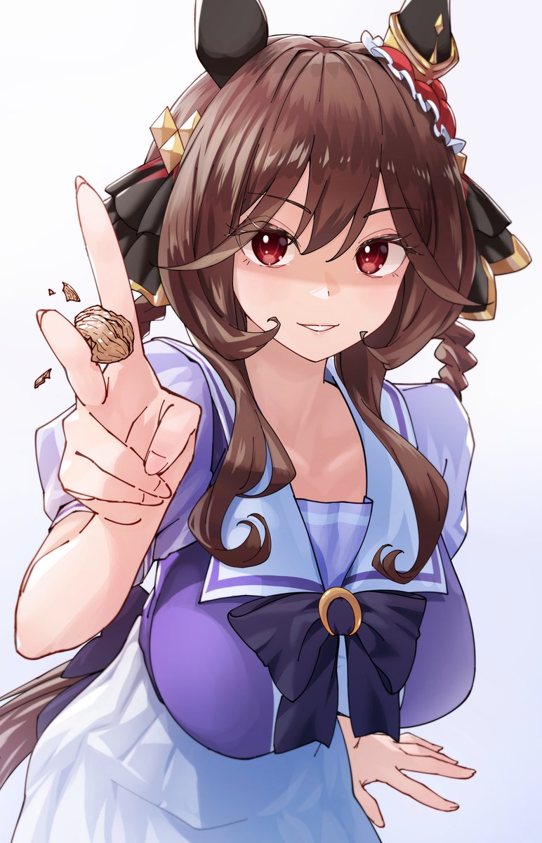 1girl animal_ears bow breasts brown_hair commentary_request cowboy_shot ear_covers ear_ornament gentildonna_(umamusume) hair_between_eyes hair_ornament highres holding horse_ears horse_girl horse_tail large_breasts nabe_puyo puffy_short_sleeves puffy_sleeves purple_bow purple_shirt red_eyes sailor_collar school_uniform shirt short_hair short_sleeves sidelocks simple_background skirt smile solo summer_uniform tail tracen_school_uniform umamusume v walnut white_background white_skirt