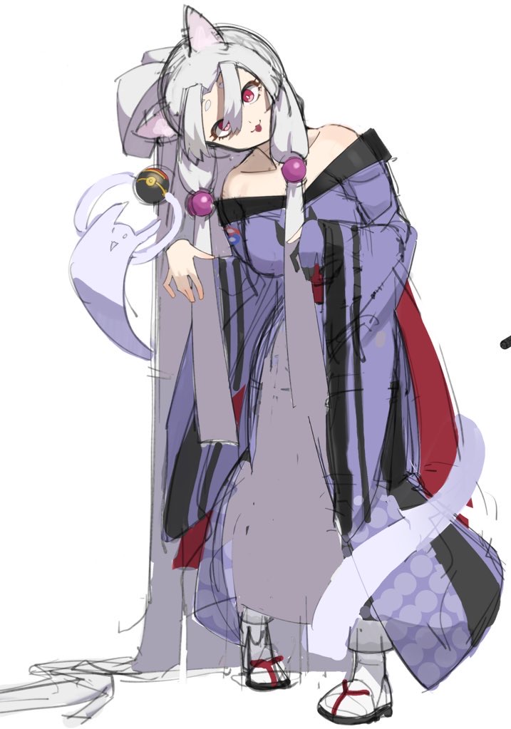 1girl :3 absurdly_long_hair adapted_costume alternate_hair_length alternate_hairstyle animal_ears bare_shoulders breasts commentary_request fox_ears full_body ghost ghost_pose grey_hair head_tilt hikimayu hiragi_sage large_breasts long_hair long_sleeves looking_at_viewer nhk_(voiceroid) off_shoulder open_mouth purple_robe red_eyes robe sandals sidelocks simple_background socks solo standing touhoku_itako unfinished very_long_hair voiceroid white_background white_socks wide_sleeves zouri
