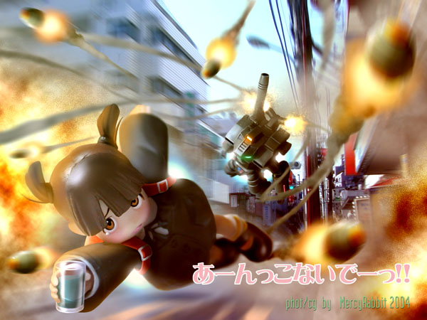 00s 1980s_(style) 1girl 2004 3d armor battle brown_eyes brown_hair building cannon character_request chasing child city contrail daicon daicon_iii flying glass itano_circus jetpack mecha mercy_rabbit missile mobile_infantry motion_blur oldschool photo_background power_armor realistic retro_artstyle robot scared short_twintails signature starship_troopers tears translation_request twintails uchuu_no_senshi water