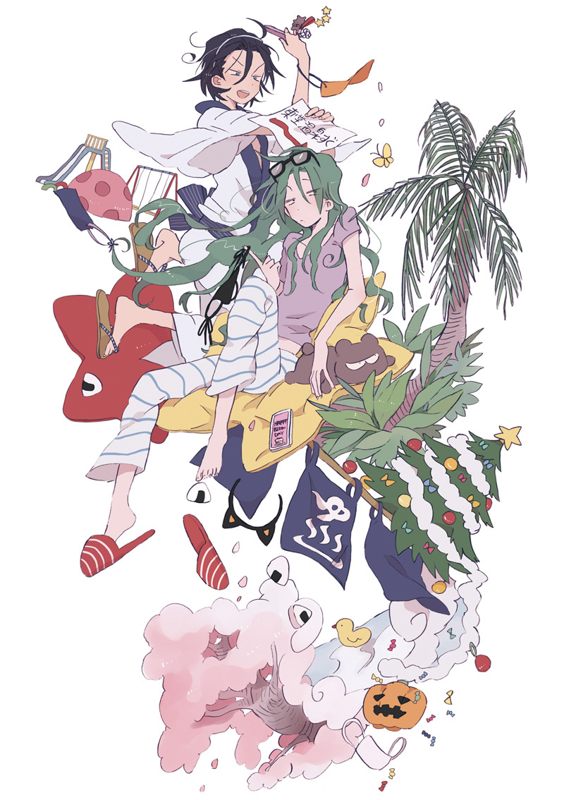 2boys animal_charm animal_ear_hairband animal_ears back_bow bear bikini bikini_bottom_only black-framed_eyewear black_bikini black_hair black_hairband blue_bow bow brown_footwear bug butterfly candy cat_ear_hairband cat_ears cellphone charm_(object) cherry_blossoms christmas_ornaments christmas_tree closed_mouth dougi eyewear_on_head fake_animal_ears flag food full_body glasses green_hair h_kawa hair_over_shoulder hairband half-closed_eyes halloween_bucket holding holding_paper holding_phone holding_swimsuit holding_unworn_clothes insect jack-o&#039;-lantern japanese_clothes kimono light_frown long_hair long_sleeves loose_hair_strand makishima_yuusuke male_focus midriff multiple_boys onigiri open_mouth palm_tree pants paper petals phone playground poster_(object) purple_shirt red_footwear rubber_duck sandals shirt shoe_loss short_hair short_sleeves simple_background sitting slide slippers smartphone smile star_(symbol) striped_bow striped_clothes striped_footwear striped_pants swimsuit swing t-shirt teeth toenails toudou_jinpachi tree unworn_swimsuit upper_teeth_only v-shaped_eyebrows very_long_hair wavy_hair white_background white_hairband white_kimono white_pants wide_sleeves yellow_butterfly yowamushi_pedal