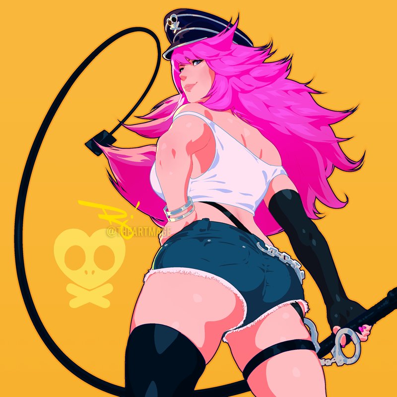 1girl ass breasts cuffs hand_on_own_hip handcuffs hat holding holding_weapon jeans_shorts large_breasts lips long_hair looking_back pink_hair poison_(final_fight) police_hat shorts single_sleeve smile street_fighter the_art_mage weapon whip yellow_background