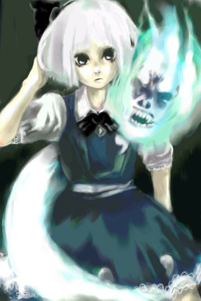 1girl :o black_bow black_bowtie bow bowtie cowboy_shot dress expressionless female_focus floating ghost green_dress green_eyes hitodama konpaku_youmu konpaku_youmu_(ghost) looking_at_viewer parted_lips puffy_short_sleeves puffy_sleeves ryu_(gaquarium) short_sleeves silver_hair solo touhou
