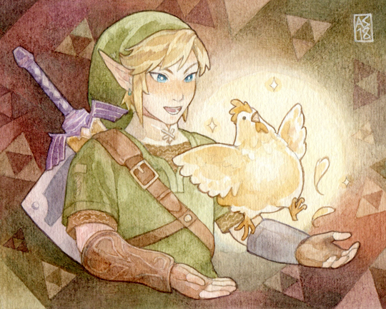 animal blonde_hair blue_eyes blush cucco driftwoodwolf earrings feathers fingerless_gloves gloves glowing hat jewelry link male_focus master_sword nintendo open_mouth pointy_ears shield shield_on_back solo teeth the_legend_of_zelda triforce weapon