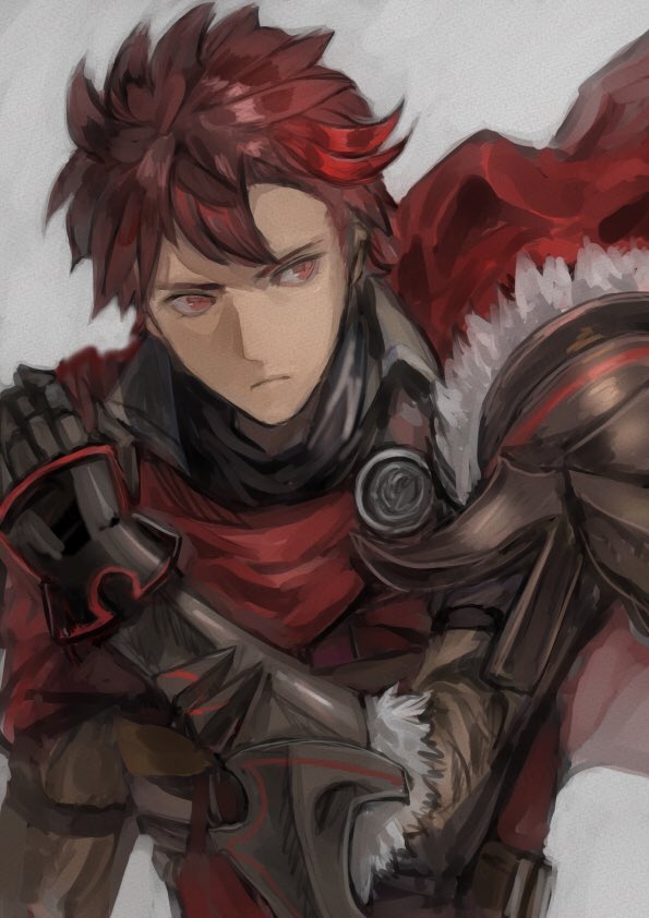 1boy armor black_gloves cape closed_mouth diamant_(fire_emblem) fire_emblem fire_emblem_engage fur_trim gauntlets gloves mai_yukari male_focus nintendo red_eyes red_hair short_hair shoulder_armor solo white_background