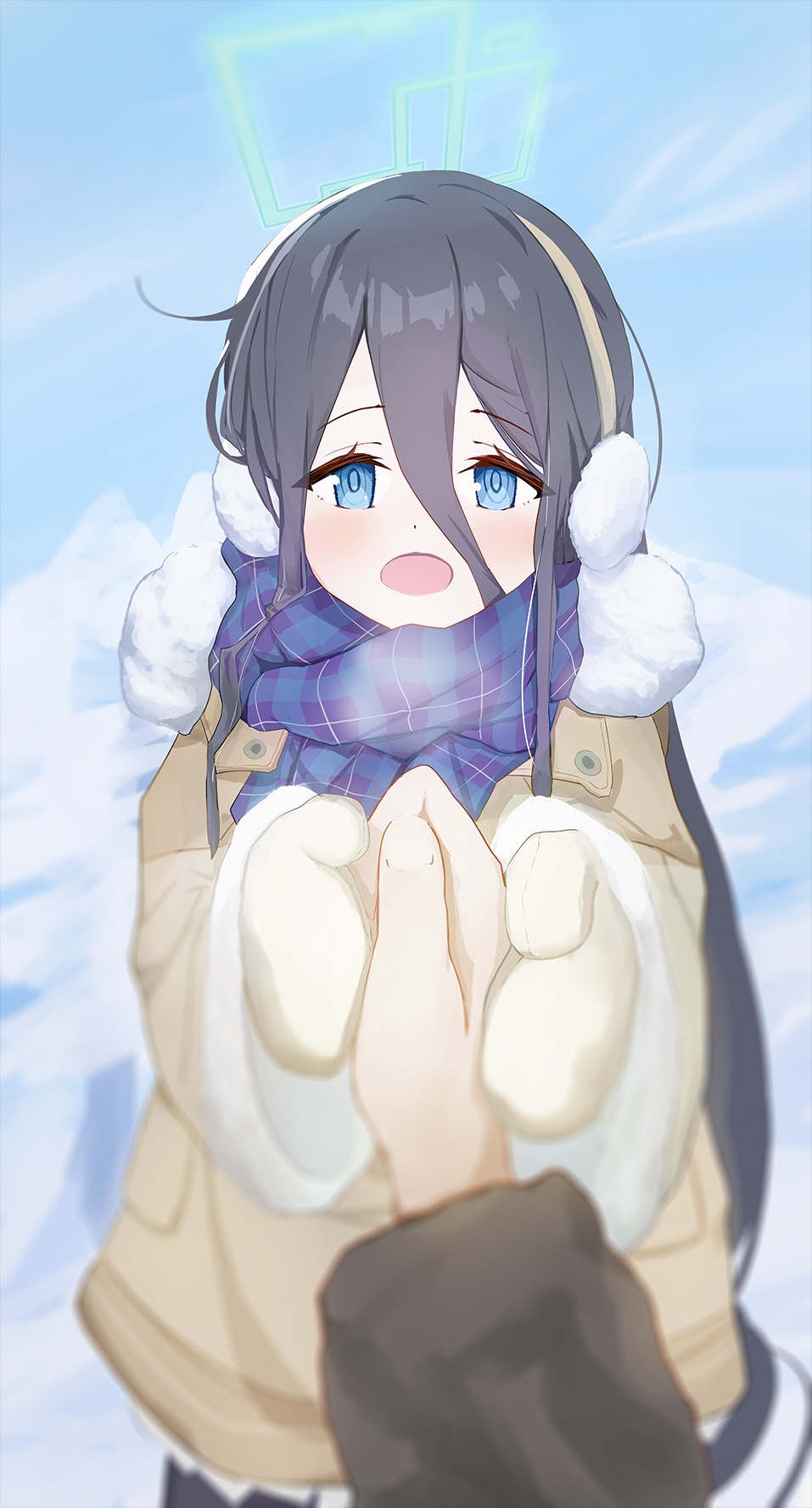 1girl 1other aqua_halo aris_(blue_archive) aris_(winter)_(blue_archive) black_pantyhose blue_archive blue_eyes blue_scarf blurry blush breath breathing_on_another&#039;s_hands breathing_on_hands brown_coat chinese_commentary coat commentary_request cowboy_shot depth_of_field dot_nose double-parted_bangs earmuffs fingernails fur-trimmed_coat fur-trimmed_sleeves fur_trim grabbing_another&#039;s_hand grey_hair hair_between_eyes halo hand_grab highres long_bangs long_hair long_sleeves looking_at_viewer mi_kan_(1101515378) mixed-language_commentary open_mouth outdoors pantyhose plaid_clothes plaid_scarf pleated_skirt pocket pov pov_hands rectangular_halo ringed_eyes scarf sidelocks skirt sky snow solo_focus straight-on very_long_hair warming_hands white_skirt winter winter_clothes winter_coat
