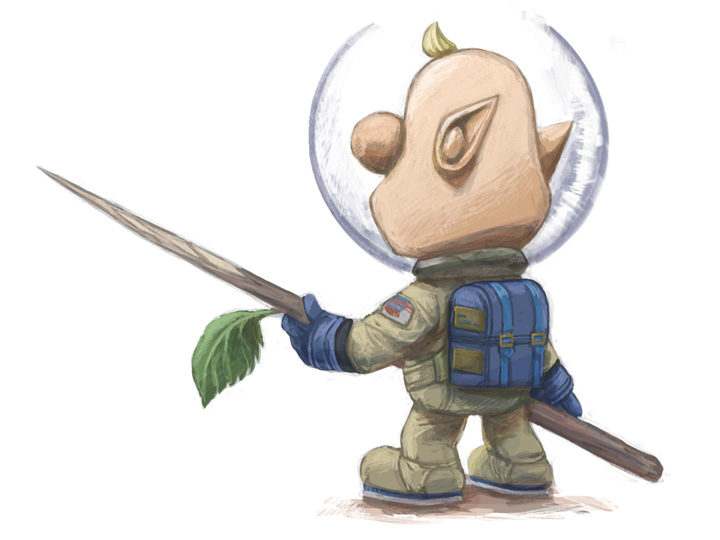 1boy back big_nose blonde_hair blue_bag blue_gloves commentary_request from_behind full_body gloves gold_buckle helmet holding holding_stick leaf louie_(pikmin) male_focus naru_(wish_field) nintendo patch pikmin_(series) pointy_ears shadow short_hair simple_background solo space_helmet spacesuit standing stick unconventional_weapon very_short_hair white_background