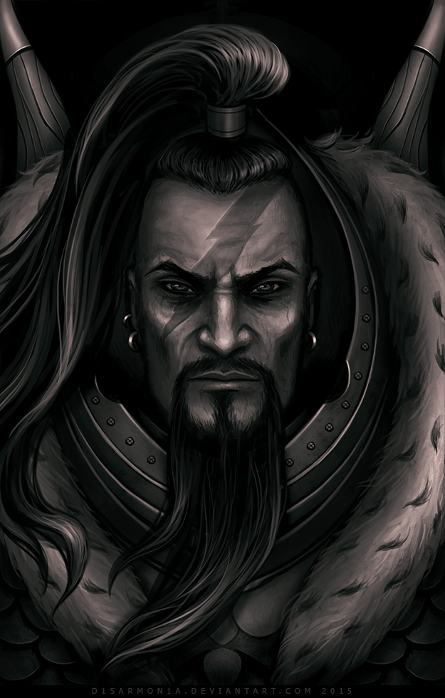 1boy armor beard black_background breastplate closed_mouth commentary dated deviantart_username english_commentary facepaint facial_hair fur-trimmed_armor fur_trim jaghatai_khan lightning_bolt_symbol long_hair long_mustache looking_at_viewer male_focus monochrome mustache portrait power_armor primarch simple_background solo straight-on topknot veronica_anrathi warhammer_40k watermark web_address white_scars wildfire_panoply