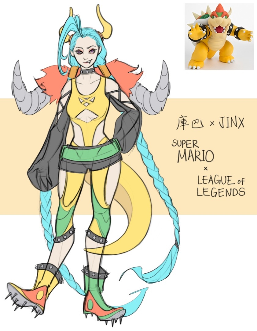 1girl asymmetrical_bangs bare_shoulders black_collar black_shorts bodysuit bowser bowser_(cosplay) breasts character_name collar collarbone copyright_name cosplay diter-trsey fang figure full_body hand_on_own_hip horns jinx_(league_of_legends) league_of_legends lizard_tail long_sleeves looking_at_viewer mario_(series) nintendo revealing_clothes shoes shorts small_breasts smile solo spiked_shoes spikes standing tail translation_request white_background yellow_bodysuit