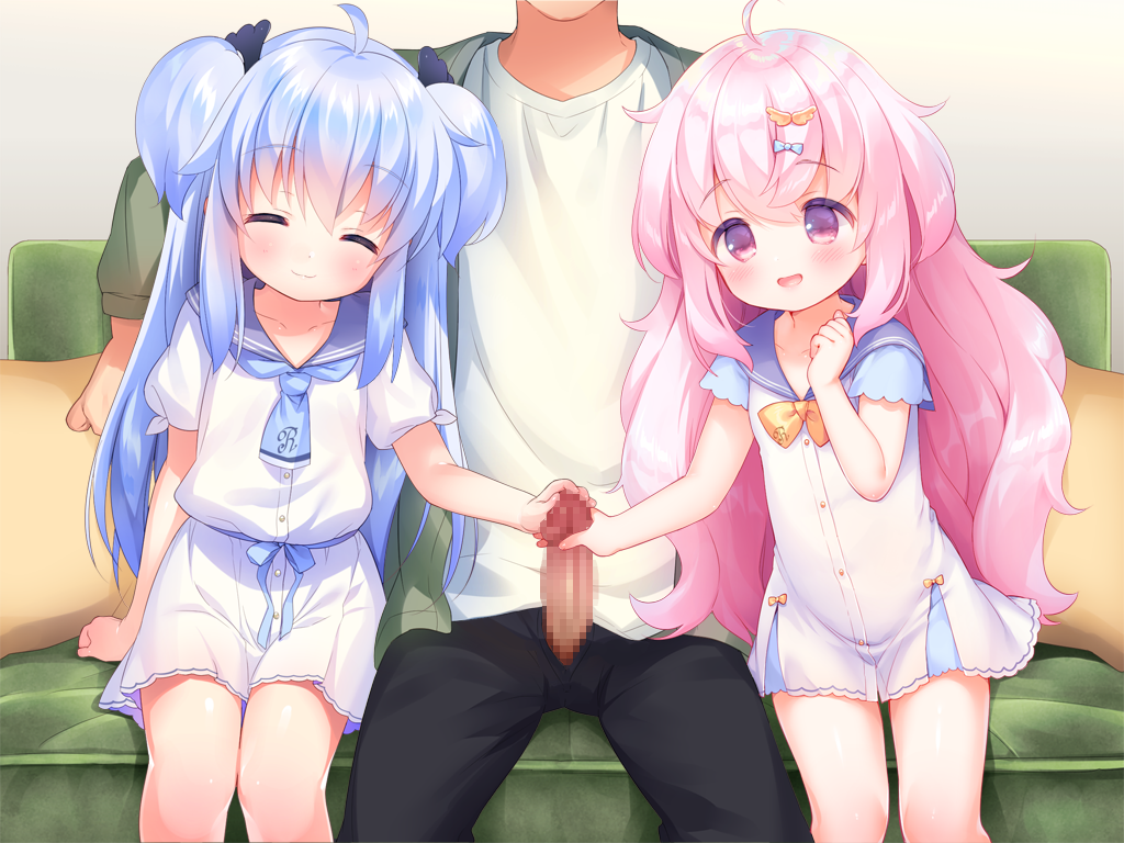 2girls ahoge black_pants blue_bow blue_hair blue_necktie blue_sailor_collar blush bow bowtie buttons censored closed_eyes closed_mouth collarbone cooperative_handjob couch double_bun erection feet_out_of_frame game_cg hair_bow hair_bun hand_up handjob harem_futago_lolita head_out_of_frame hetero large_variant_set loli long_hair mosaic_censoring multiple_girls necktie non-web_source open_mouth pants penis pillow pink_eyes pink_hair pleated_skirt sailor_collar shirt short_sleeves siblings sisters sitting skirt smile sunao_(harem_futago_lolita) teamwork_(sexual) tomari_(harem_futago_lolita) twins usashiro_mani variant_set white_shirt white_skirt yellow_bow yellow_bowtie