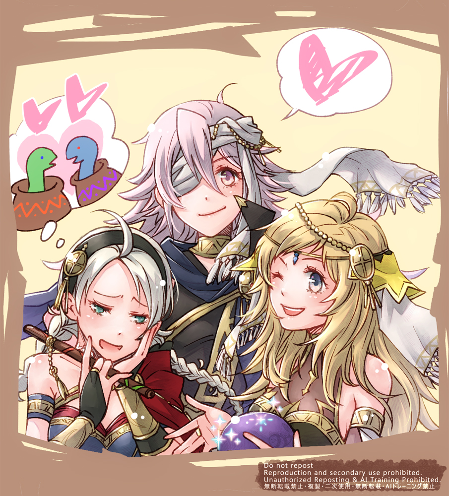 3girls ahoge alternate_costume blonde_hair blue_eyes breasts cleavage ebi_puri_(ebi-ebi) fire_emblem fire_emblem_fates grey_eyes grey_hair low_twintails medium_breasts multiple_girls nina_(fire_emblem) nintendo open_mouth ophelia_(fire_emblem) pink_eyes pink_hair soleil_(fire_emblem) twintails