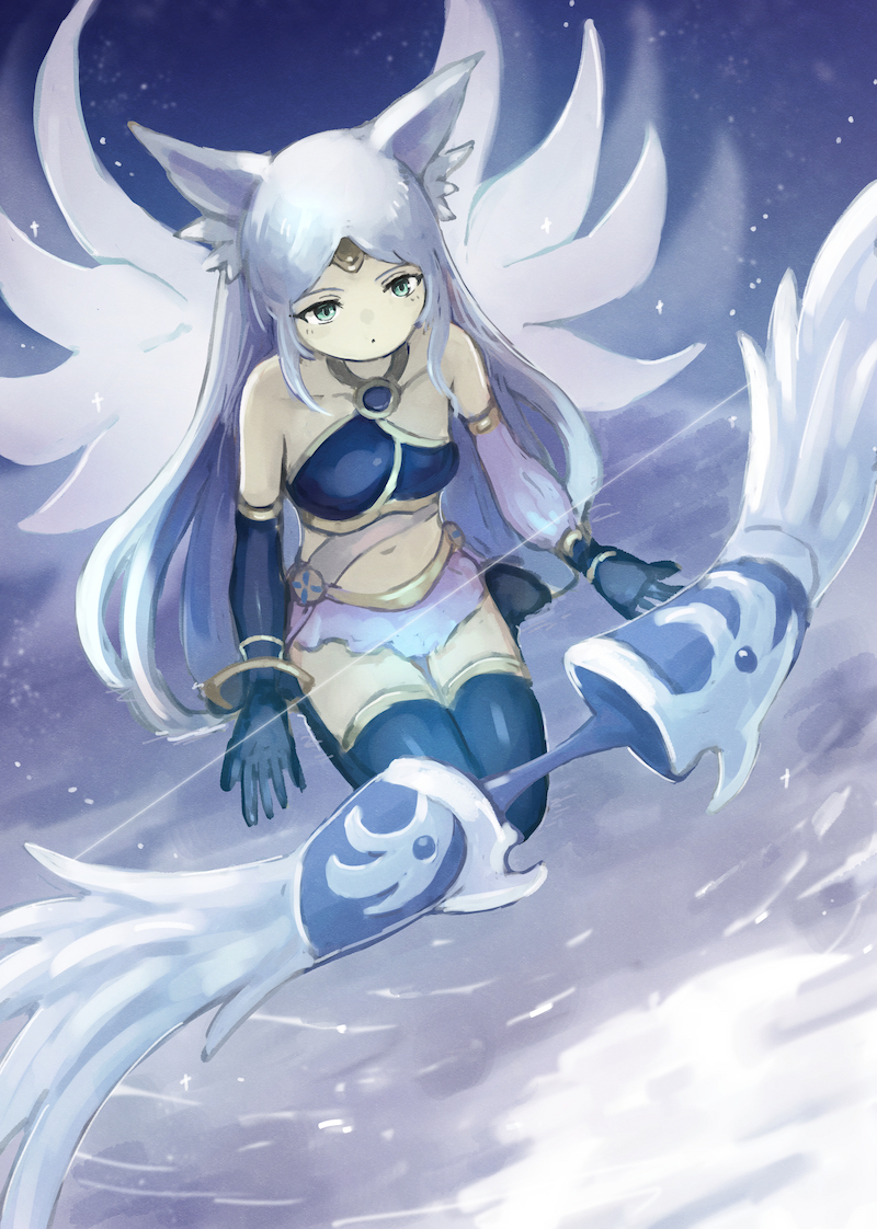 1girl animal_ear_fluff animal_ears apollousa_bow_of_the_goddess asymmetrical_clothes asymmetrical_sleeves bare_shoulders black_gloves black_thighhighs bow breasts collarbone duel_monster fairy_wings forehead_protector gloves green_eyes ishii_(young-moon) kneeling medium_breasts midriff navel skirt sky solo star_(sky) starry_sky thighhighs white_skirt wings yu-gi-oh! zettai_ryouiki