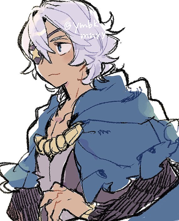 1boy blue_eyes blue_hood eyepatch fire_emblem fire_emblem_fates looking_to_the_side male_focus mbkmmm niles_(fire_emblem) nintendo solo white_hair