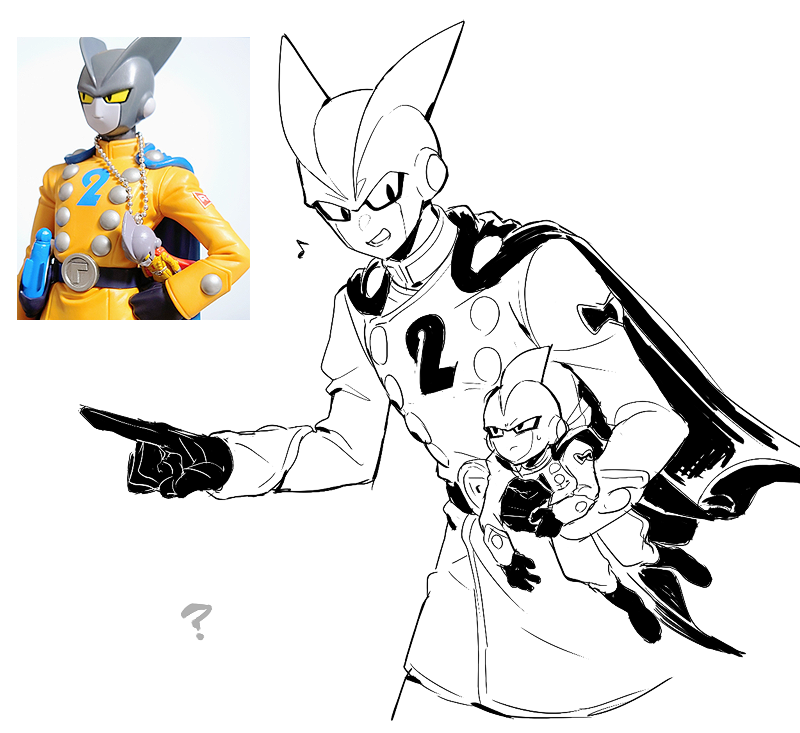 ? buttons cape closed_mouth double-breasted dragon_ball dragon_ball_super dragon_ball_super_super_hero gamma_1 gamma_2 gloves greyscale itsuki_(nightlight) jacket long_sleeves male_focus monochrome multiple_boys musical_note open_mouth reference_inset simple_background sketch sweat