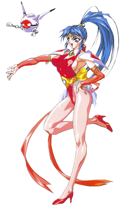 1990s_(style) ball_boy blue_hair breasts choujin_gakuen_gowcaizer covered_erect_nipples high_heels highleg highleg_leotard hishizaki_shaia_(gowcaizer) idol leotard looking_at_viewer official_art oobari_masami ponytail retro_artstyle ribbon robot shoulder_pads sideboob smile transparent