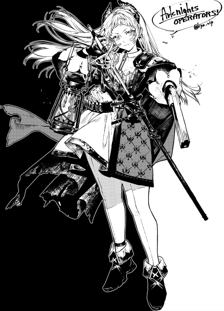 1girl arched_bangs arknights black_background closed_mouth commentary_request copyright_name dress floating_hair front-seamed_legwear full_body gloves greyscale gun handgun holding holding_gun holding_sword holding_weapon irene_(arknights) kyo_zip lantern light_frown long_hair long_sleeves looking_at_viewer monochrome pantyhose rapier seamed_legwear sheath shoes solo speech_bubble standing sword twitter_username two-tone_background unsheathing weapon white_background