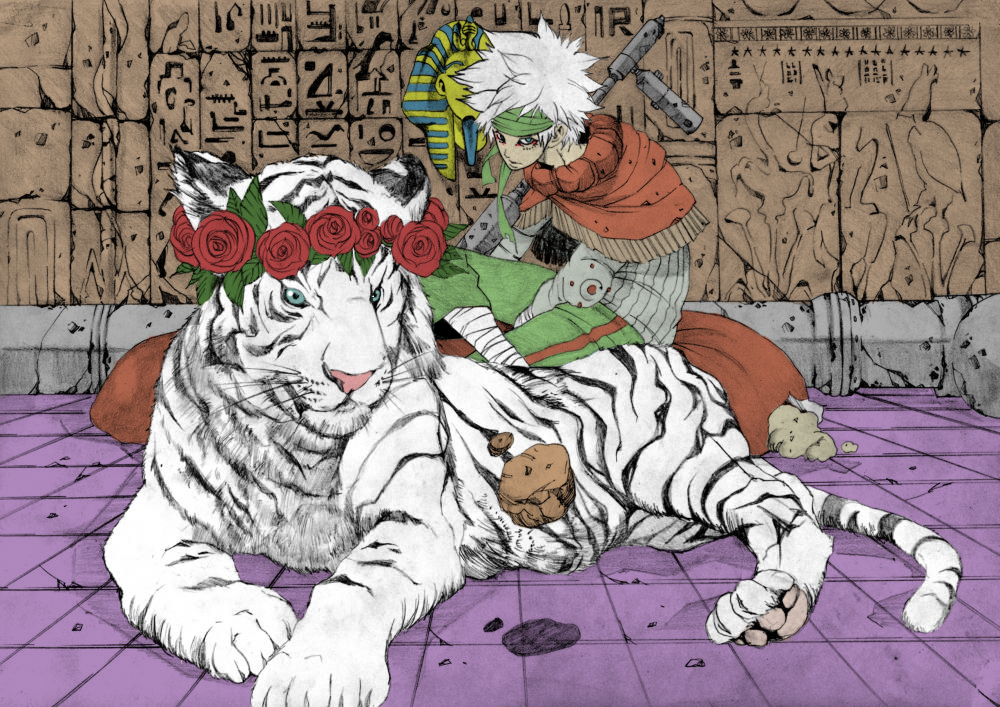 1boy animal bandages bandana blue_eyes capelet couple flower hair_flower hair_ornament head_wreath headband looking_at_viewer lying makkamu male_focus original rock short_hair sitting tiger wall weapon white_hair white_tiger