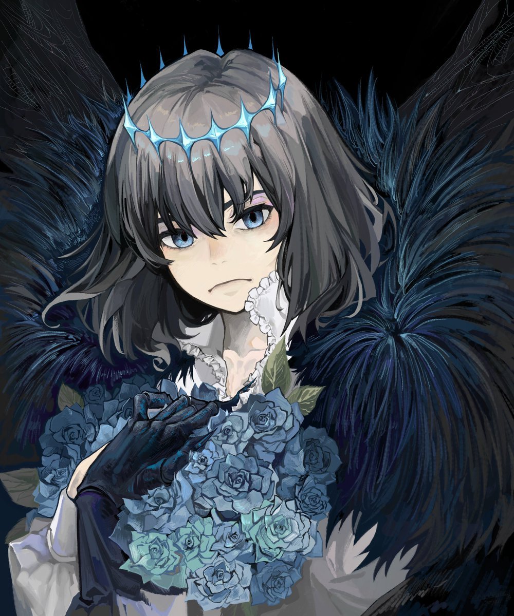 1boy arthropod_boy arthropod_limbs black_background blue_eyes blue_flower blue_rose bouquet crown diamond_hairband dragonfly_wings fate/grand_order fate_(series) flower frill_inferno frown fur_trim grey_hair highres holding holding_bouquet insect_wings long_sleeves looking_at_viewer male_focus medium_hair oberon_(fate) oberon_(third_ascension)_(fate) rose shirt simple_background solo upper_body white_shirt wings