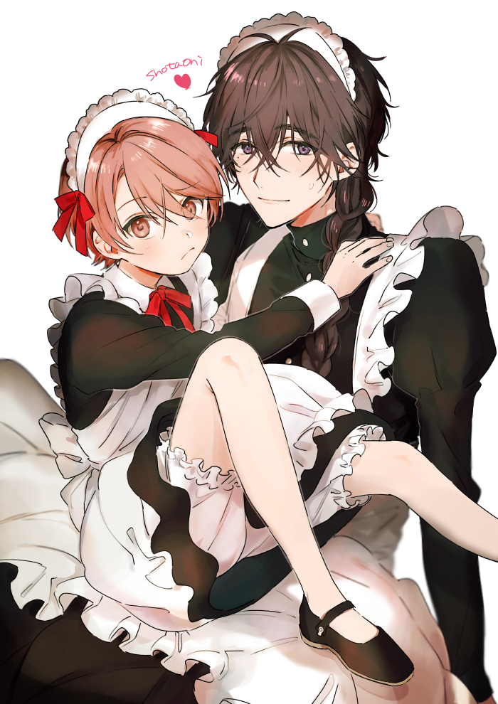 2boys age_difference alternate_costume apron black_dress black_hair black_shoes bloomers blush braid brown_eyes brown_hair closed_mouth crossdressing dress enmaided frills glasses hair_between_eyes hair_ribbon heart juliet_sleeves long_hair long_sleeves looking_at_viewer maid maid_apron maid_headdress male_focus mary_janes multiple_boys nakayama_miyuki original pink_hair puffy_sleeves purple_eyes red_ribbon ribbon shoes short_hair simple_background single_braid sitting sitting_on_person trap underwear white_apron white_background yaoi