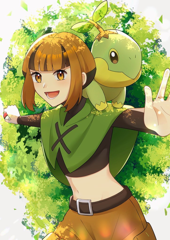 1girl :d belt blunt_bangs brown_belt brown_eyes brown_hair brown_shirt brown_shorts capelet commentary_request creatures_(company) cropped_shirt game_freak gardenia_(pokemon) gen_4_pokemon green_capelet happy holding holding_poke_ball lower_teeth_only mitarashi_mochiko navel nintendo open_mouth outstretched_arms poke_ball poke_ball_(basic) pokemon pokemon_(creature) pokemon_dppt shirt short_hair shorts smile teeth tongue turtwig