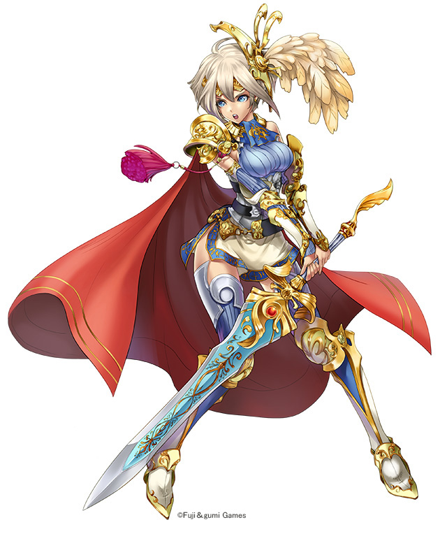 1girl ahoge arm_guards armor armored_boots ascot blue_ascot boots cloak commentary_request copyright_notice cuisses dragon_genesis full_body hair_between_eyes holding holding_sword holding_weapon kanon_(dragon_genesis) official_art open_mouth ornate_weapon phantom_of_the_kill poleyn red_cloak second-party_source shoulder_armor simple_background solo standing sword teeth two-handed upper_teeth_only weapon white_background