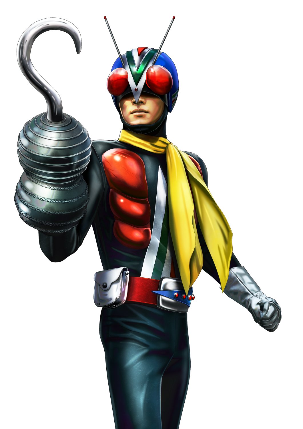 1boy antennae belt closed_mouth gloves helmet highres hook_hand kamen_rider kamen_rider_v3_(series) male_focus masukudo_(hamamoto_hikaru) red_eyes rider_belt riderman scarf single_hand standing weapon yellow_scarf