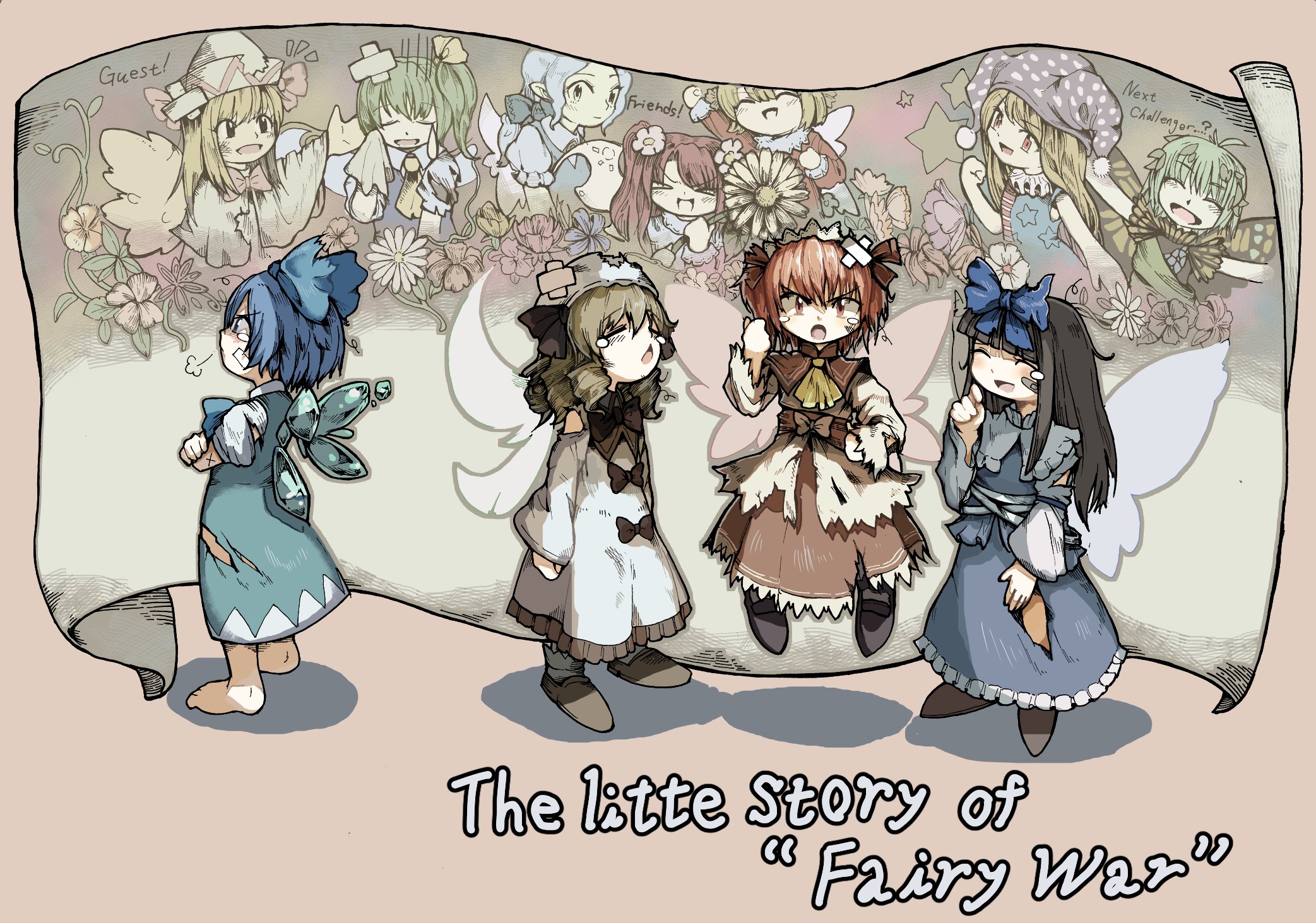 >_< 6+girls american_flag_dress ascot bandaid bandaid_on_face barefoot blonde_hair blue_bow blue_dress blue_hair bow butterfly_wings capelet cirno closed_eyes clownpiece commentary_request crossed_arms crossed_bandaids daiyousei detached_wings dress drill_hair english_text eternity_larva fairy fairy_wings flower flower_request green_dress green_hair hair_bow hair_ornament handkerchief hat hat_bow headdress highres holding holding_flower holding_handkerchief ice ice_wings insect_wings jester_cap leaf leaf_hair_ornament lily_white looking_at_viewer luna_child multiple_girls neck_ruff open_mouth pinafore_dress pointy_ears polka_dot polka_dot_headwear puff_of_air puffy_short_sleeves puffy_sleeves purple_hat red_hair shoes short_sleeves side_ponytail sleeveless sleeveless_dress smile star_(symbol) star_print star_sapphire sunflower sunflower_fairy_(touhou) sunny_milk tears torn_clothes torn_dress touhou white_capelet white_flower white_hat wings yamame_jinja yellow_ascot yellow_flower yellow_wings