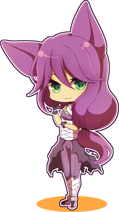 1girl animal_ears assassin_(ragnarok_online) bandages bandages_over_clothes black_gloves cape chibi chibi_only closed_mouth commentary english_commentary fingerless_gloves fox_ears fox_girl full_body gloves green_eyes grey_cape long_hair looking_at_viewer pants purple_hair purple_pants purple_shirt ragnarok_online rinslette shirt simple_background smile solo torn_cape torn_clothes transparent_background waist_cape