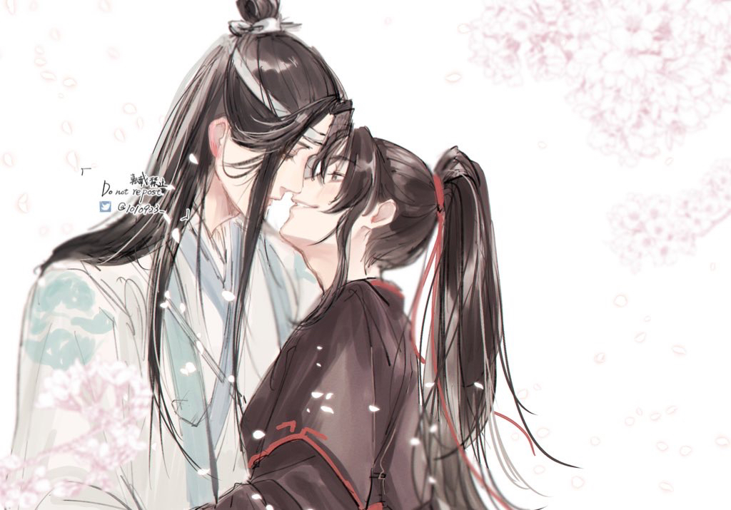 1010923 2boys bishounen black_hair black_hanfu blush branch cherry_blossoms chinese_clothes couple dated eye_contact face-to-face falling_petals flower grey_eyes hair_ribbon hanfu headband high_ponytail imminent_kiss lan_wangji long_hair long_sleeves looking_at_another male_focus modao_zushi multiple_boys open_mouth parted_lips petals pink_flower ponytail profile red_ribbon ribbon robe sidelocks smile topknot twitter_username upper_body watermark wei_wuxian white_background white_hanfu white_headband wide_sleeves xiao_guan_(headdress) yaoi