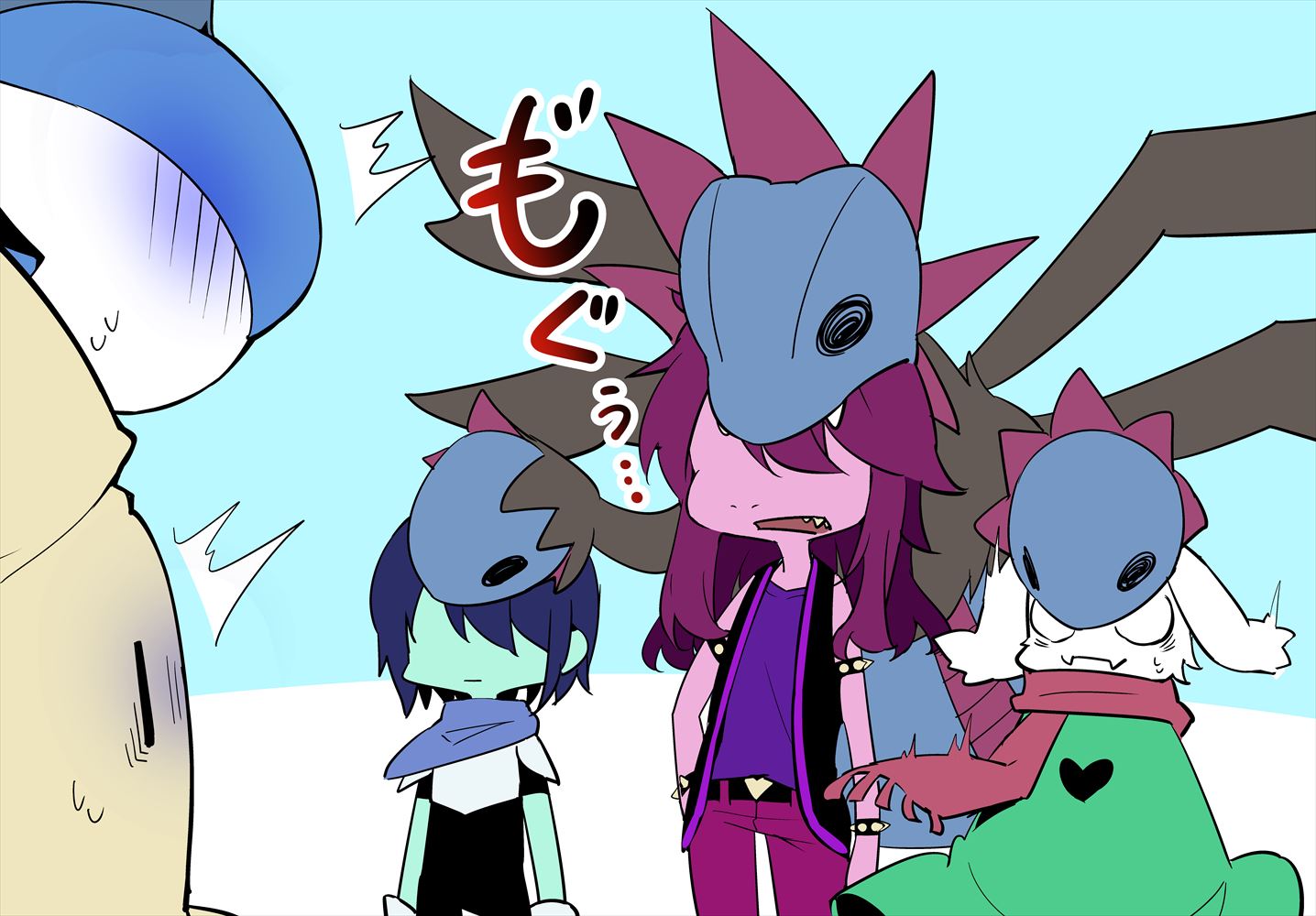 1boy 1girl 1other alternate_color animal_ears armlet biting crossover deltarune gallade gen_4_pokemon gen_5_pokemon gen_7_pokemon hair_over_eyes hp_nokoketaetouyona hydreigon jewelry kris_(dark_world)_(deltarune) kris_(deltarune) mimikyu nintendo pokemon pokemon_(creature) shiny_pokemon susie_(dark_world)_(deltarune) susie_(deltarune)