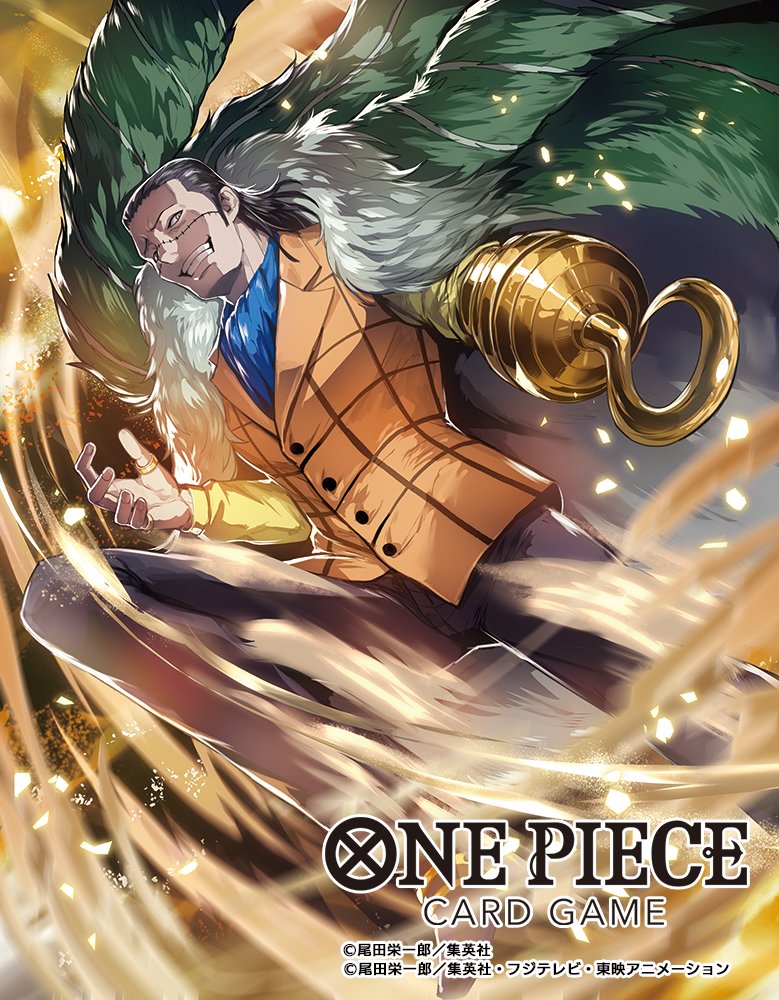 1boy ascot black_hair blue_ascot coat commentary_request copyright_name crocodile_(one_piece) fur_coat green_coat hair_slicked_back hook_hand jewelry looking_at_viewer male_focus moreshan official_art one_piece one_piece_card_game orange_vest pants ring smile solo stitched_face stitches vest waistcoat wind