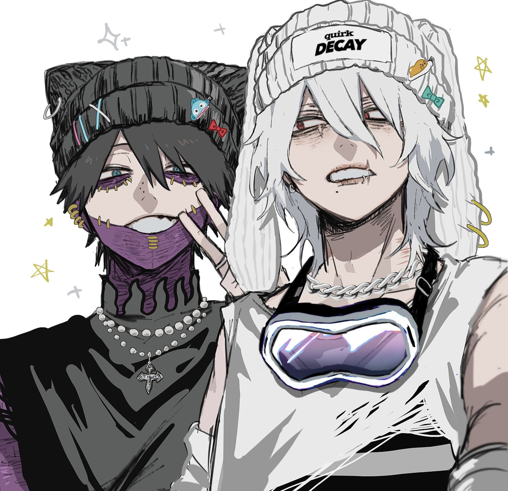2boys ametaro_(ixxxzu) animal_ears beanie black_hair black_headwear blue_eyes boku_no_hero_academia burn_scar cat_ears chain chain_necklace cheek_piercing dabi_(boku_no_hero_academia) ear_piercing goggles goggles_around_neck gudetama hand_up hangyodon hat highres jewelry lip_piercing looking_at_viewer male_focus multiple_boys multiple_piercings multiple_scars necklace nose_piercing piercing red_eyes scar shigaraki_tomura short_hair simple_background spiked_hair staple stapled stitches v white_background white_hair white_headwear wrinkled_skin
