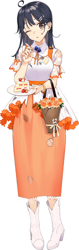 1girl ahoge alternate_costume animal black_hair boots brown_eyes bucket burnt_clothes cake cake_slice drew_(drew213g) elbow_carry flower food full_body holding holding_plant kantai_collection long_hair neck_flower official_art one_eye_closed open_mouth orange_flower orange_rose orange_skirt pansy pet pigeon-toed plant purple_flower purple_pansy rose short_sleeves skirt smile solo strawberry_shortcake tachi-e third-party_source transparent_background ushio_(12th_anniversary)_(kancolle) ushio_(kancolle) v white_boots white_flower wristband