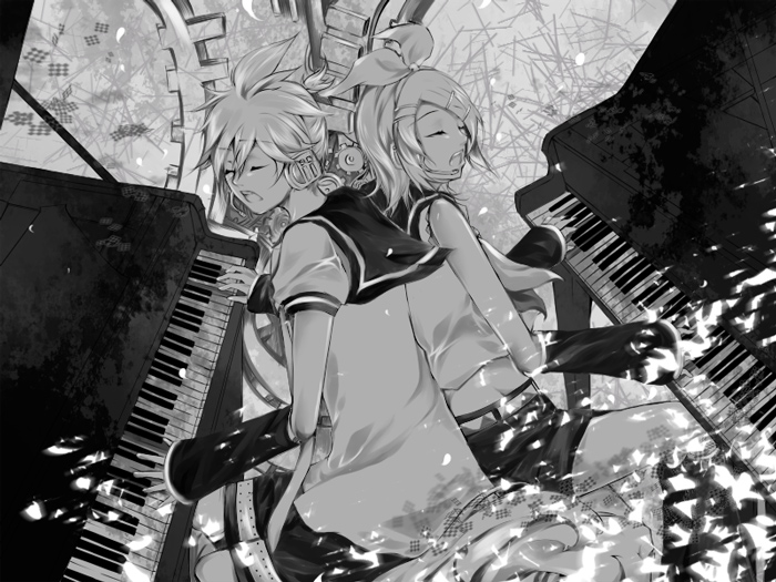 1boy 1girl 2pianos bad_id bad_pixiv_id brother_and_sister detached_sleeves duet closed_eyes grand_piano greyscale hair_ornament hair_ribbon hairclip headset instrument kagamine_len kagamine_rin monochrome music piano ribbon siblings singing soriku twins vocaloid