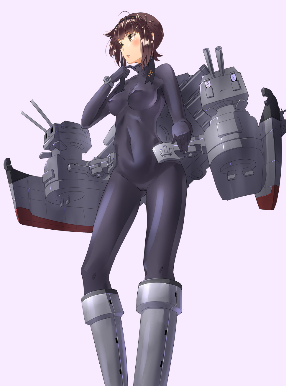 10s 1girl black_bodysuit black_gloves bodysuit boots breasts brown_eyes brown_hair chou-10cm-hou-chan_(hatsuzuki&#039;s) collar_tug collarbone covered_erect_nipples covered_navel female_focus from_below fujimo_ruru gloves gluteal_fold grey_background hair_flaps hatsuzuki_(kancolle) headband highres kantai_collection knee_boots looking_to_the_side medium_breasts rigging ship_turret shirt short_hair simple_background skirt solo unworn_shirt unworn_skirt upper_body