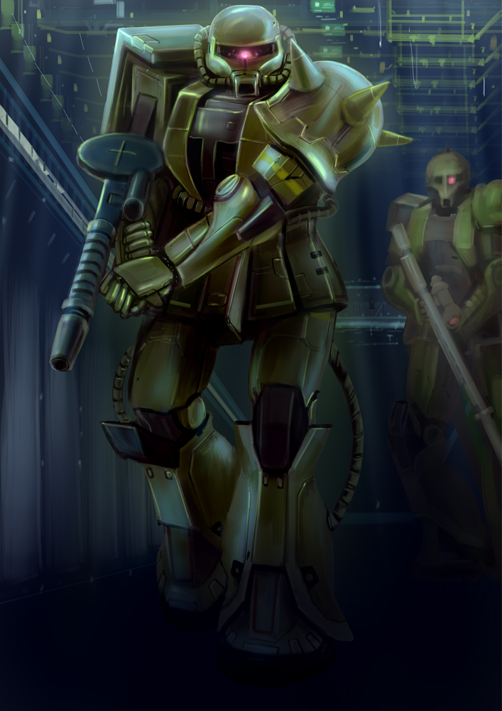 gun gundam mecha mobile_suit_gundam no_humans ondadoor robot rocket_launcher weapon zaku zaku_i zaku_ii