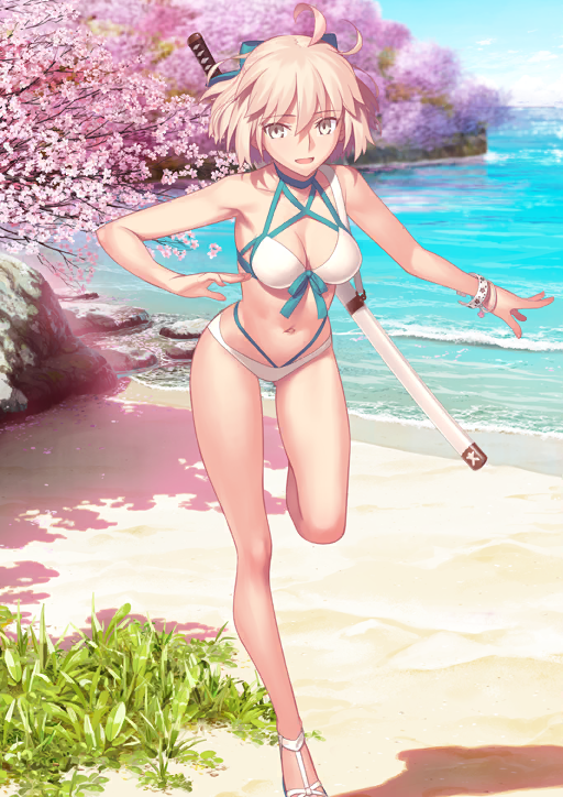 1girl :d ahoge aqua_bikini aqua_bow bare_arms bare_legs bare_shoulders beach bikini blue_sky bow bow_bikini bracelet breasts cherry_blossoms cleavage collarbone criss-cross_halter fate/grand_order fate_(series) foot_out_of_frame game_cg grey_eyes hair_between_eyes hair_bow halterneck jewelry katana leaning_forward leg_up looking_at_viewer medium_breasts multi-strapped_bikini_bottom multi-strapped_bikini_top multicolored_bikini multiple_bracelets navel ocean official_art okita_j._souji_(fate) okita_j._souji_(third_ascension)_(fate) okita_souji_(fate) open_mouth outstretched_arm pink_hair sand sandals sheath sheathed short_hair sky smile solo swimsuit sword takeuchi_takashi third-party_source two-tone_bikini variant_set weapon white_bikini white_sandals