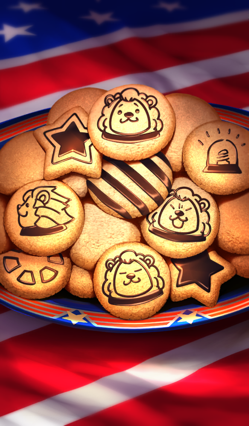 american_flag chocolate_lady_no_karasawagi commentary cookie fate/grand_order fate_(series) food food_focus ichihashi_makoto no_humans official_art plate red_background riyo_(lyomsnpmp)_(style) star-shaped_cookie star-shaped_food star_(symbol) third-party_source thomas_edison_(fate)