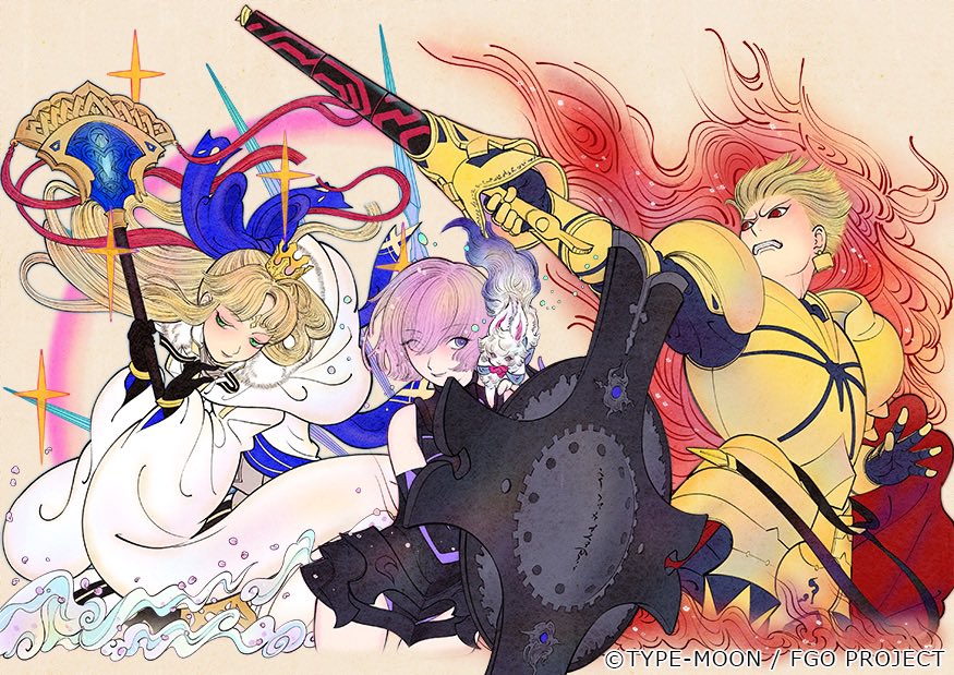 1boy 2girls armor artoria_caster_(fate) artoria_caster_(third_ascension)_(fate) artoria_pendragon_(fate) blonde_hair crown ea_(fate) facial_mark fate/grand_order fate_(series) forehead_mark fou_(fate) gilgamesh_(fate) green_eyes holding holding_shield long_hair lord_camelot_(fate) marmyadose_(fate) mash_kyrielight mash_kyrielight_(demi-servant) multiple_girls official_art ono_tako purple_eyes purple_hair red_eyes shield short_hair