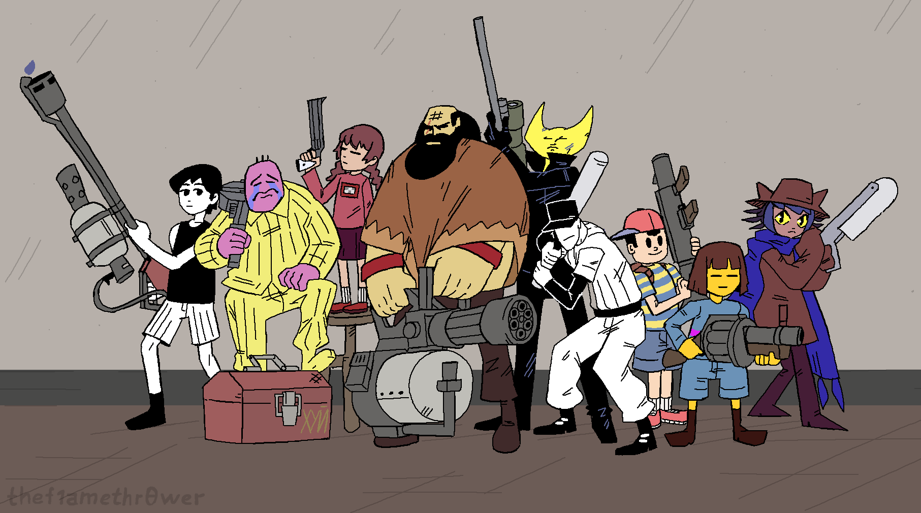 1girl 2others 6+boys androgynous animal_hat artist_name baseball_bat baseball_cap baseball_uniform black_eyes black_hair black_shirt black_suit blue_scarf bonesaw brad_armstrong braid brown_hair cat_hat chara_(undertale) closed_eyes collared_shirt colored_sclera colored_skin crying cuts demoman_(tf2) engineer_(tf2) flamethrower formal_clothes gatling_gun grenade_launcher gun handgun hat heavy_(tf2) highres holding holding_baseball_bat hylics injury lisa_(series) lisa_the_painful long_sleeves madotsuki medic_(tf2) minigun mother_(series) mother_2 multiple_boys multiple_others ness_(mother_2) niko_(oneshot) nintendo off_(game) omori oneshot_(game) pajamas pale_skin parody phillip_(space_funeral) pink_shirt pink_skin poncho purple_scarf pyro_(tf2) revolver rifle rocket_launcher saw scarf scout_(tf2) shirt short_hair shorts skirt sleeves_past_wrists slit_pupils sniper_(tf2) sniper_rifle soldier_(tf2) space_funeral sportswear spy_(tf2) striped_clothes striped_shirt striped_sweater suit sunny_(omori) sweater team_fortress_2 the_batter_(off) thef1amethr0wer toolbox twin_braids undertale wayne_(hylics) weapon white_shorts white_skin wrench yellow_pajamas yellow_sclera yellow_skin yume_nikki