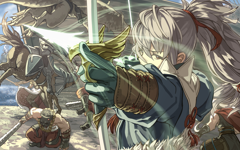 2others 3boys aiming ambiguous_gender animal archery armor arrow_(projectile) barding battle beach bead_necklace beads black_footwear black_gloves black_hair blue_sky boots bow_(weapon) bracer breastplate brown_eyes cape cavalry charging_forward cloud club club_(weapon) commentary_request dated_commentary day drawing_bow faulds fire_emblem fire_emblem_fates foreshortening frown fujin_yumi_(fire_emblem) fur_trim glaring gloves greaves group_battle harusame_(rueken) high_ponytail holding holding_arrow holding_bow_(weapon) holding_lance holding_polearm holding_weapon horse horseback_riding japanese_clothes jewelry jumping kanabou kneeling knight lance long_hair long_sleeves looking_ahead mask multiple_boys multiple_others necklace net nintendo ocean on_one_knee oni_mask outdoors polearm ponytail red_cape reins riding saddle sailing_ship sand sarashi serious ship shore short_hair sidelocks silver_hair sky sleeveless spiked_club standing takumi_(fire_emblem) tsurime upper_body water watercraft weapon yumi_(bow)
