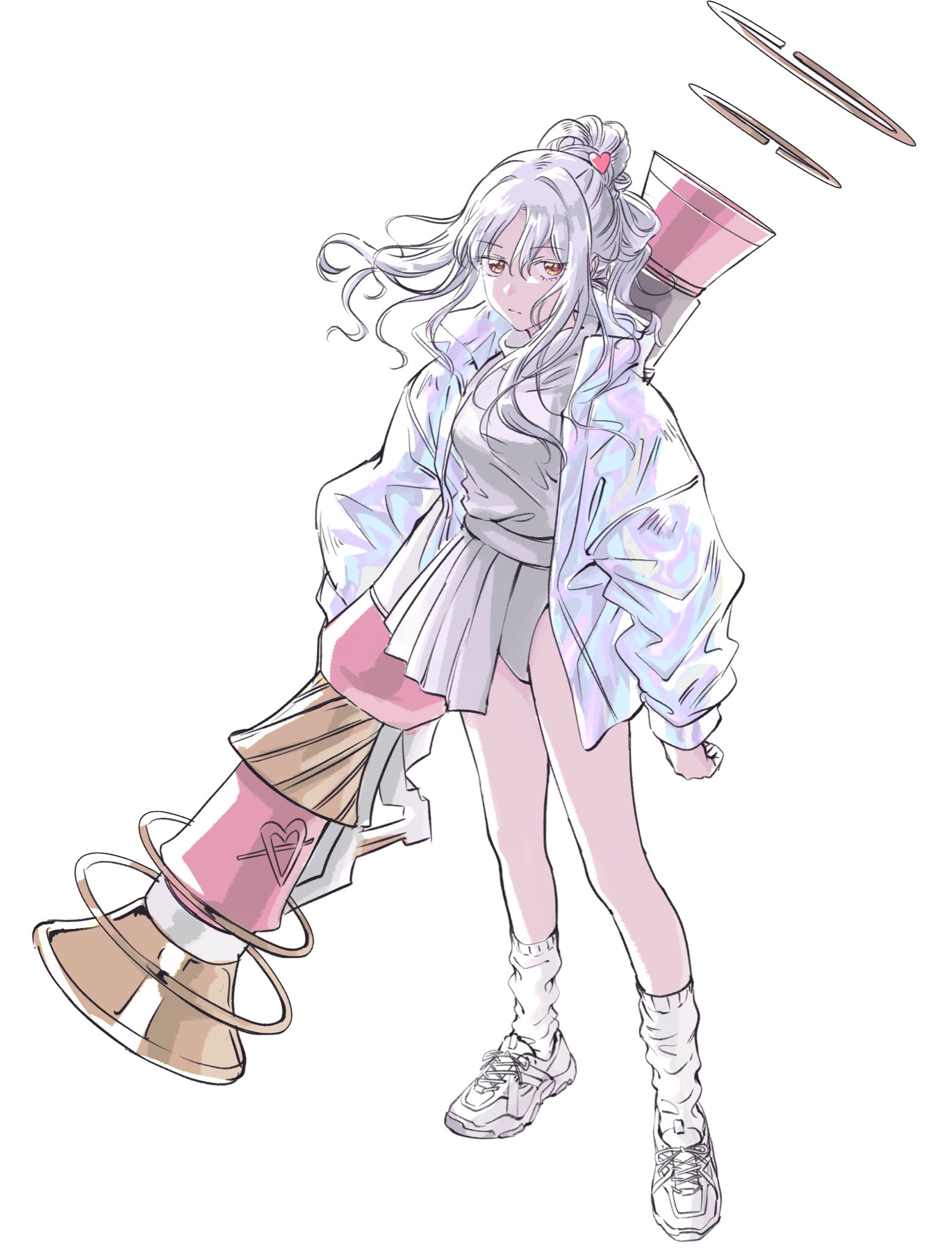 1girl applechoc caren_hortensia caren_hortensia_(amor_caren) dress fate/grand_order fate_(series) highres holding holding_weapon jacket long_hair weapon white_background white_dress white_footwear white_hair white_jacket yellow_eyes