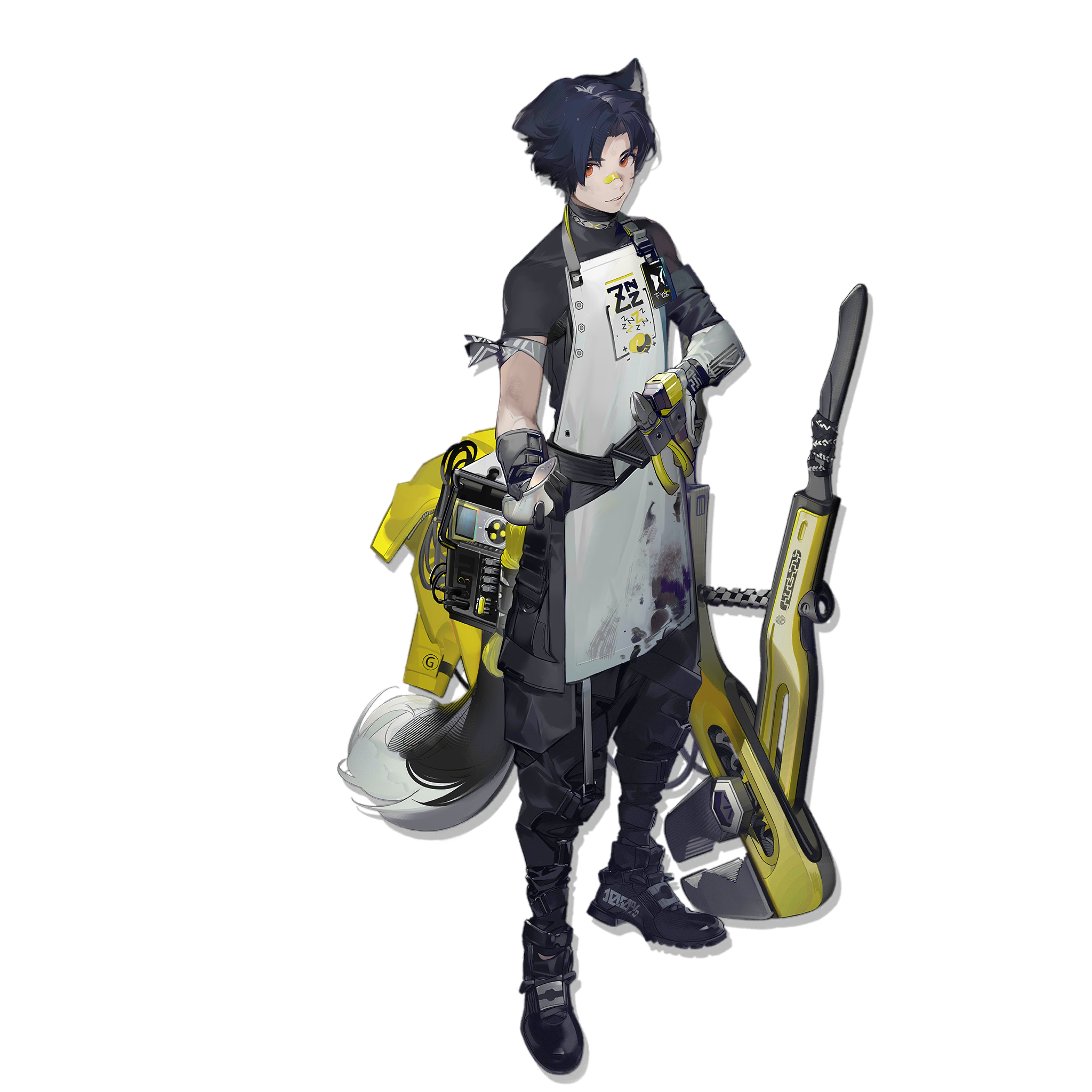 1boy animal_ears apron arknights armband bandaid bandaid_on_face bandaid_on_nose black_boots black_gloves black_hair black_pants black_shirt boots dirty dirty_clothes dog_boy dog_ears dog_tail full_body gloves goggles grey_armband hand_on_own_hip highres holding holding_goggles id_card infection_monitor_(arknights) looking_at_viewer male_focus nineo official_art orange_eyes pants shirt short_hair short_sleeves simple_background solo tail third-party_source tool_belt transparent_background white_apron windflit_(arknights) wire_cutters