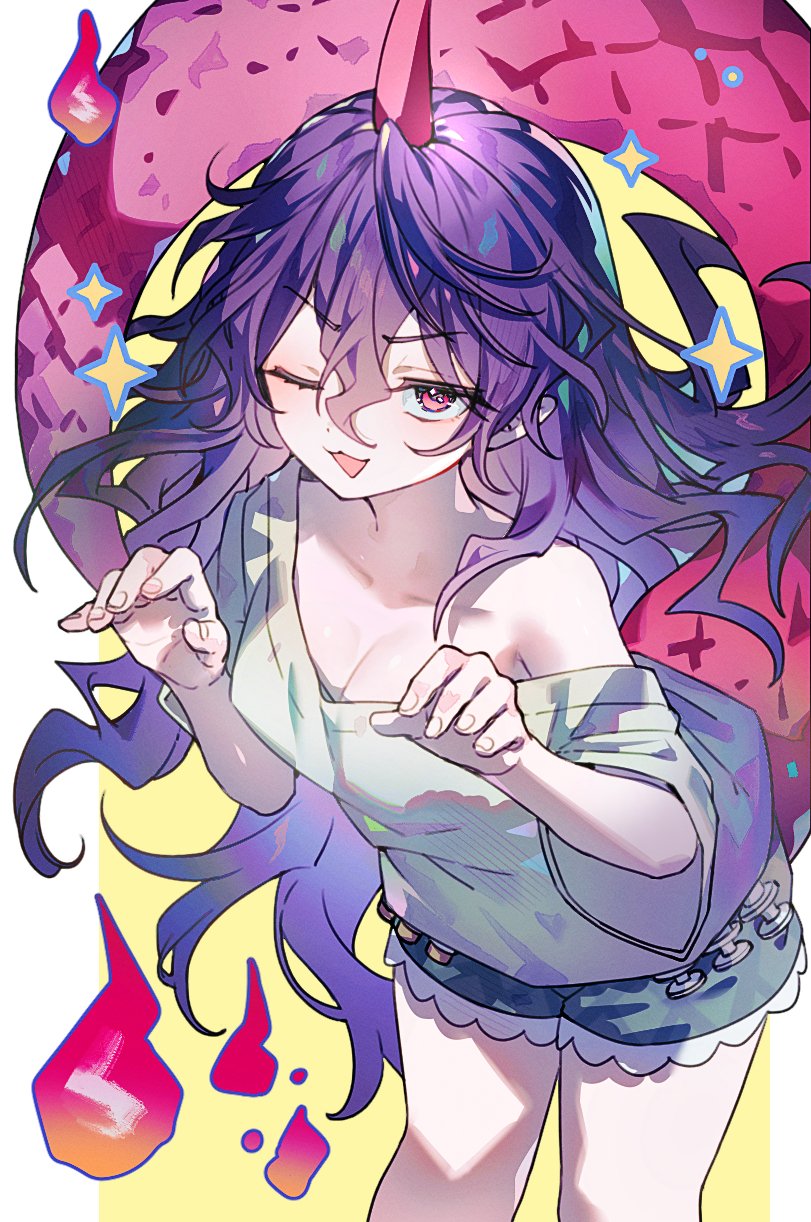1girl dragon_tail here_(hr_rz_ggg) horns off-shoulder_shirt off_shoulder one_eye_closed purple_hair shirt shorts single_horn solo tail tenkajin_chiyari touhou
